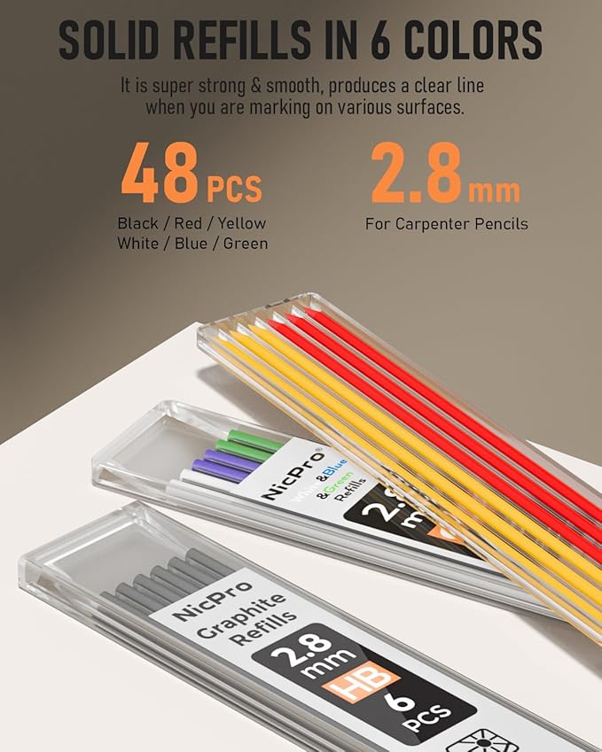 Nicpro 6 Pack Carpenter Pencil with Sharpener,Mechanical Pencils Set 54PCS Refills(Black,Red,Yellow,Blue,Green,White) Deep Hole Marker Construction Heavy Duty Woodworking -With Case