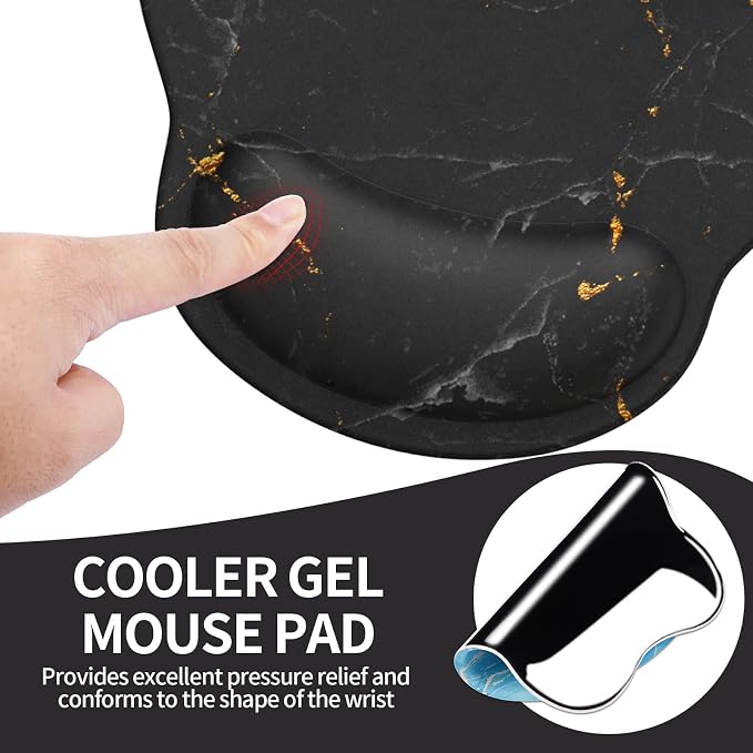 Mouse Pad with Wrist Rest, Comfortable Computer Mousepad with Gel Wrist Support Smooth Surface and Non-Slip PU Base for Pain Relief, Laptop, Office & Home (Black Marble)