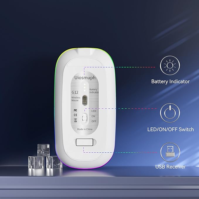 Uiosmuph LED Wireless Mouse, G12 Slim Rechargeable Silent Mouse, 2.4G Portable USB Optical Wireless Computer Mice with USB Receiver and Type C Adapter (White)