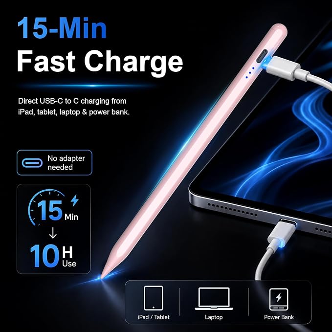 Stylus Pen for Apple iPad 2018-2026 for Note-Taking Drawing Pink | 15Min Fast Charge iPad Pencil with High Precision, Tilt Sensitivity, Palm Rejection on iPad 6-11/Air/Pro/Mini, No Pairing