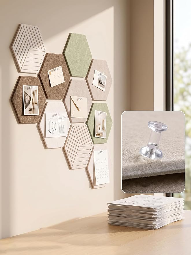 Hexagon Cork Board Tiles for Office Walls Decor 10 Pack 11.81" X 10.24" | Traceless Nano Adhesive Tabs, 0.39 " Thickness Specification, Cover 6.3 Ft² Area, Photo Memory Display, Vision Board Creation