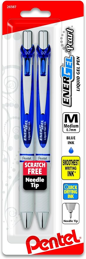 Pentel EnerGel Pearl Retractable Liquid Gel Pen, Needle Tip (0.7mm) Medium Line, Blue Ink, 2-Pk (BLN77WBP2C)