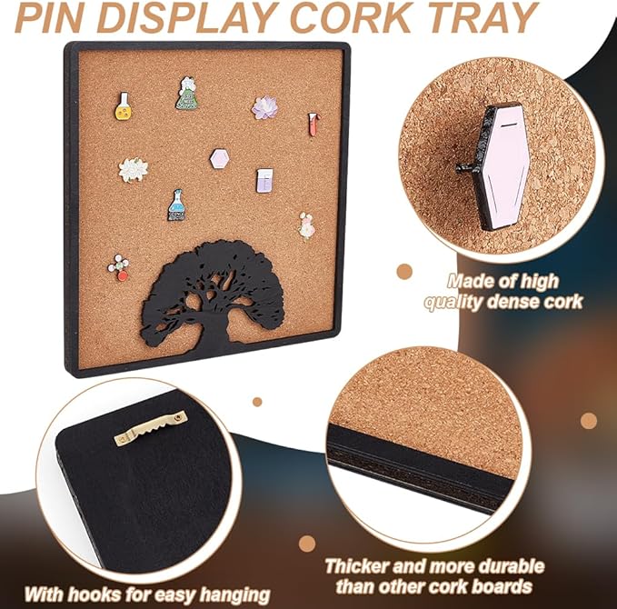 BENECREAT Square Tree of Life Pin Board Cork Board, 11.8x11.8inch Bulletin Display Board Wall Mounted Cork Board with Black Frame for Brooch Pin Storage Display, Office Home and School Decor