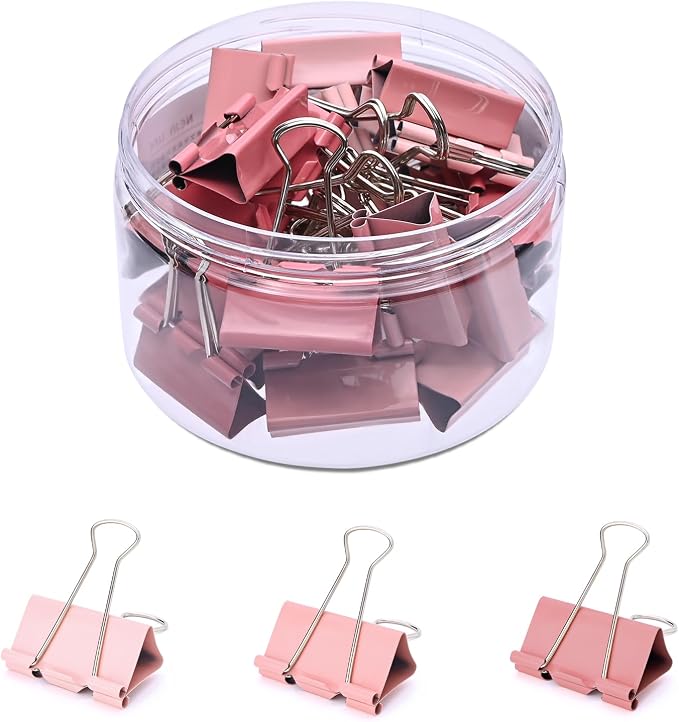 Temiary Binder Clips, Medium Metal Binder Paper Clip Pink 1.26Inch, 24 Pcs | Colored Binding Paperwork Clamp Bulk for Office, Home, School