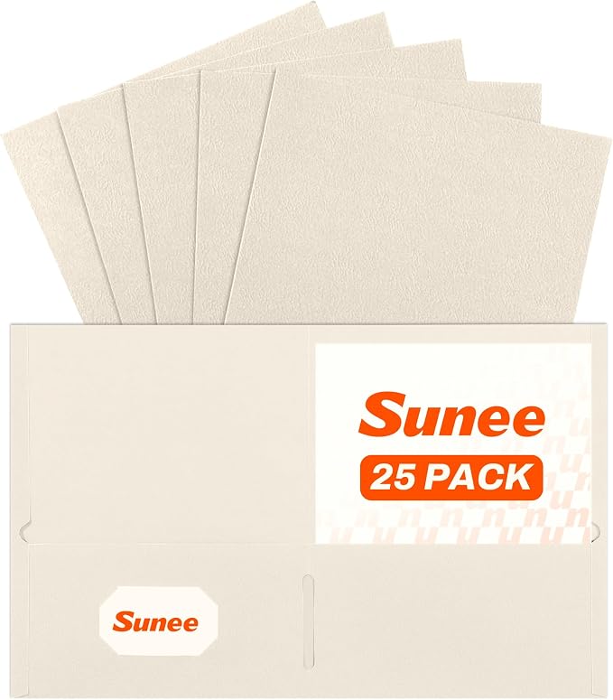 SUNEE Folders with Pockets (25 Pack, Warm Beige), 2 Pocket Folders Fit Letter Size, Paper File Folder for School Office Home Business, Textured Paper
