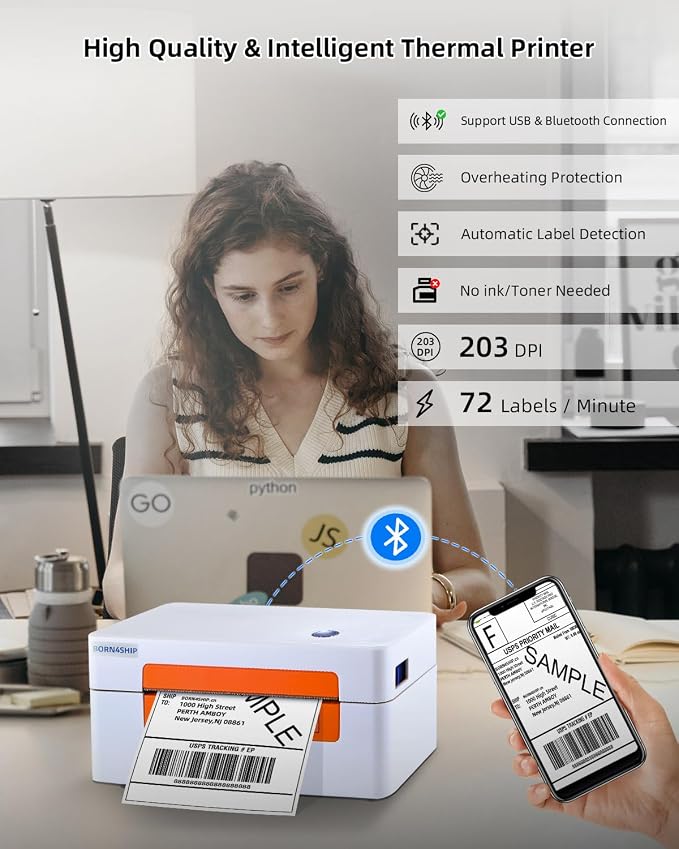 Bluetooth Shipping Label Printer, 4x6 Thermal Printer for Shipping Packages, Thermal Label Printer for Small Business, Widely Used for Amazon, iPhone, Android, iPad,Windows,macOS (Orange)