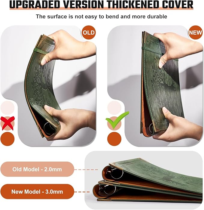 Leather 3 Ring Binder Fits 8.5"x11" Letter Size Paper, 1 Inch Round Ring Binder Holds 200 Sheets, Notebook Cover Loose Leaf Organizer, Green Tree