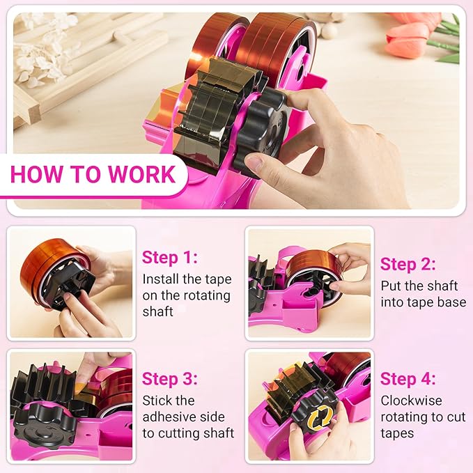 THINKLEARN Heat Tape Dispenser - Sublimation Heat Transfer Tape Dispenser with Scissors and Utility Knife, 1 '' & 3'' Core, Multi-Roll Pre-Cut Tape Dispenser for Crafting, PreCut 1.4'' Pieces, Pink