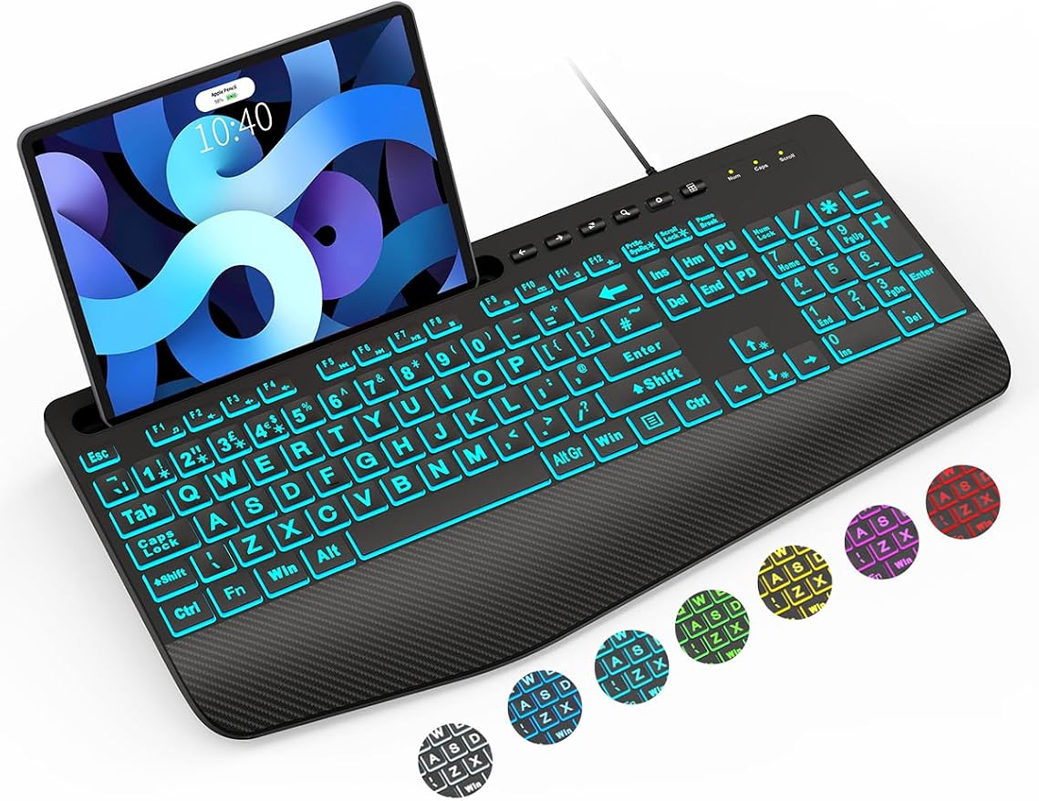 SABLUTE Large Print Wired Keyboard, Ergo Wrist Rest, 7 Colors Backlight | K21 Pro Computer Keyboards with Phone Holder, Oversized Letter keys Easy to See and Type for Laptop, PC, Windows, Black