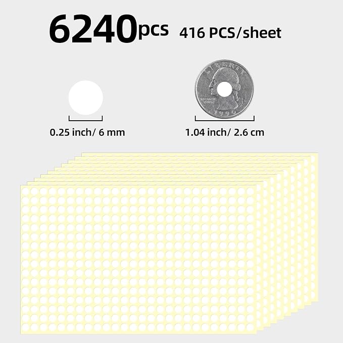 1/4" Small Colored Dot Stickers 6240 PCS Round Circle Stickers Tiny White Coding Labels Mini Sticker for Office,Classroom (White, 1/4" (6 mm))