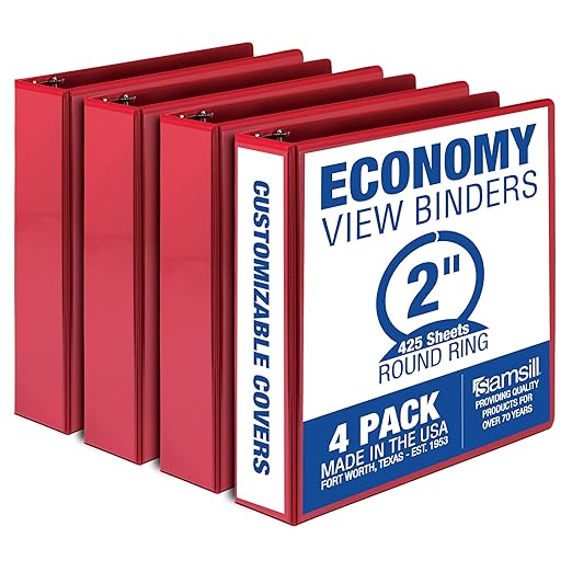 Samsill 2 Inch 3 Ring Binders, Economy Round Ring, Clear View Cover, 425 Sheet Capacity - for School, Home, Office - Red, 4 Pack