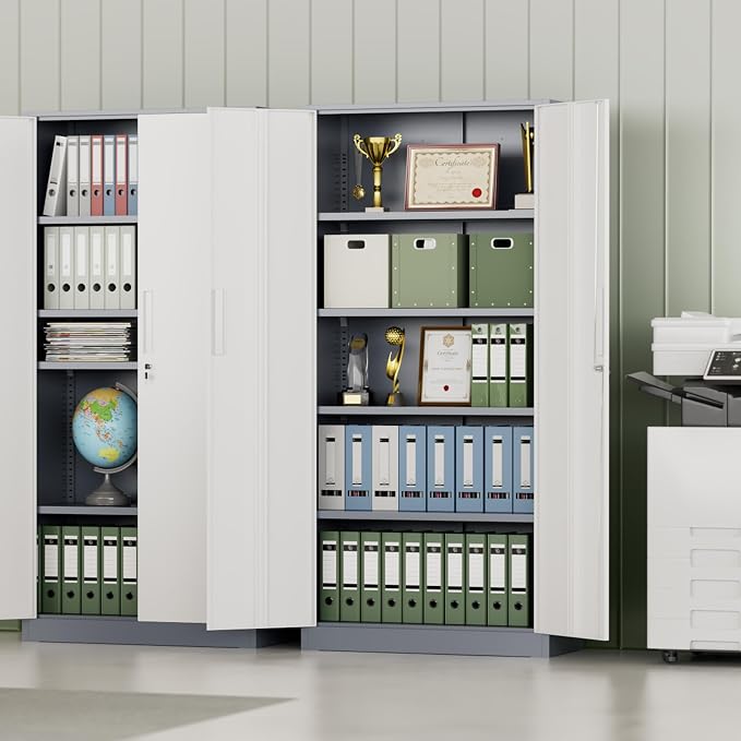 Metal Storage Cabinet, 72" H Lockable Steel Cabinets with Locking Doors, Storage Locker with Adjustable Shelves for Office, Home, Garage, Gym, School (White Grey)