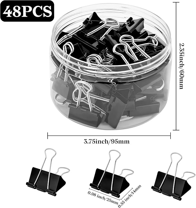 Temiary Binder Clips, Medium Metal Binder Paper Clip Black 0.98Inch, 48 Pcs | Colored Binding Paperwork Clamp Bulk for Office, Home, School