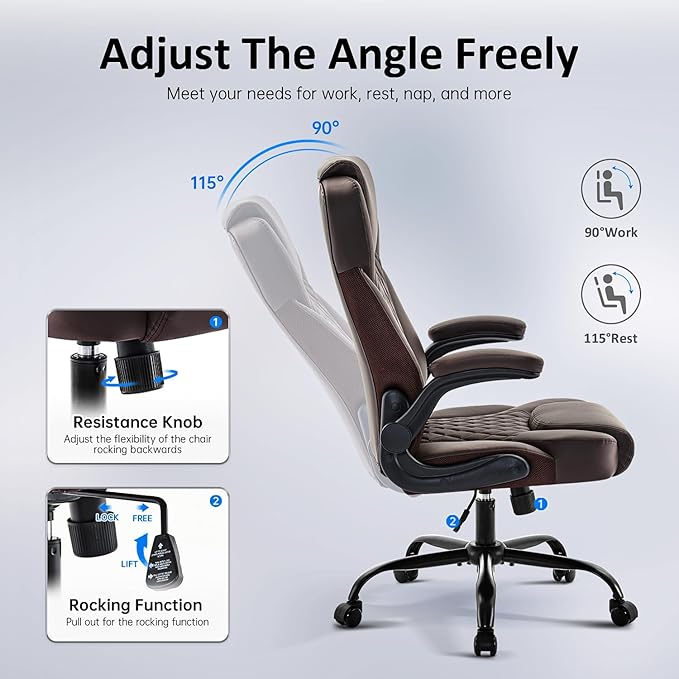 Office Chair, Executive PU Leather Chair, Ergonomic Computer Desk Chair with Lumbar Support and Adjustable Flip-Up Arms, Rocking Task Chair (Brow