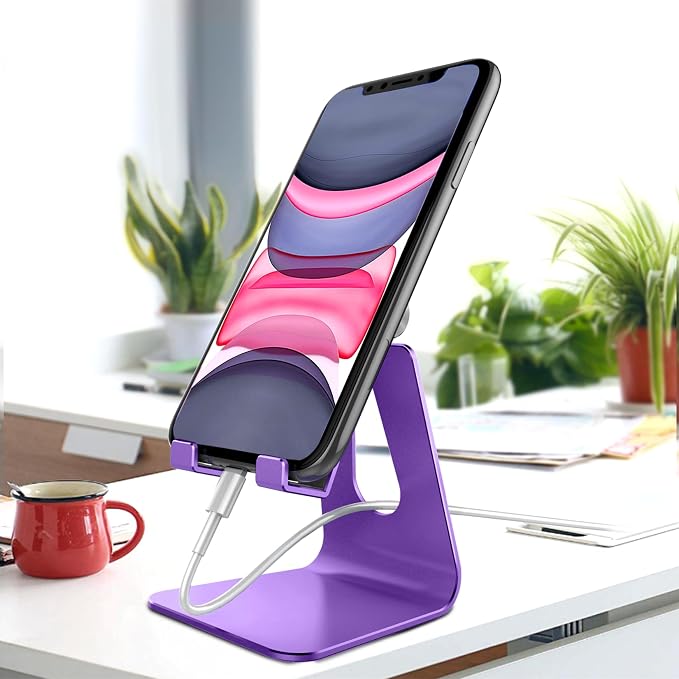 CreaDream Aluminum Cell Phone Stand, Adjustable Phone Holder for Desk | Adjustable Viewing Angle, Desktop Stand, Stable Base, Fits iPhone 17 16 15 14 13 Pro Max Desk Accessories, Dark Purple