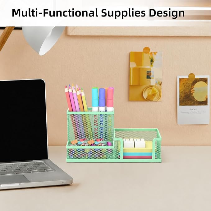 Pen Holder Desk Organizer, Office Supplies Pencil Holder with 3 Compartments, Desk Accessories and Workspace Organizers for Home School Classroom, Green