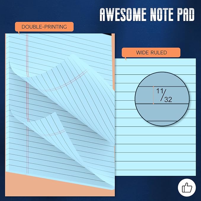 3 Pack Blue Legal Pads 8.5 x 11 Note Pads, Wide Ruled Notepads 8.5 x 11 | Lined Paper Wide Ruled Blue Writing Pads, 30 Sheets Per Note Pad, Micro Perforated Colored Legal Pads for Work/School/Office