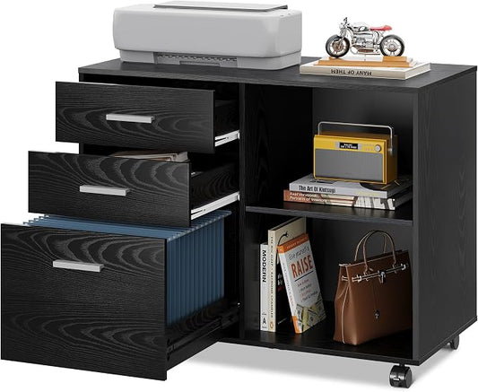 DEVAISE Wood File Cabinet, 3 Drawer Lateral Filing Cabinet Black | Mobile Office Cabinet, Printer Stand, Open Storage Shelves, Letter & A4 Compatible, Home Office
