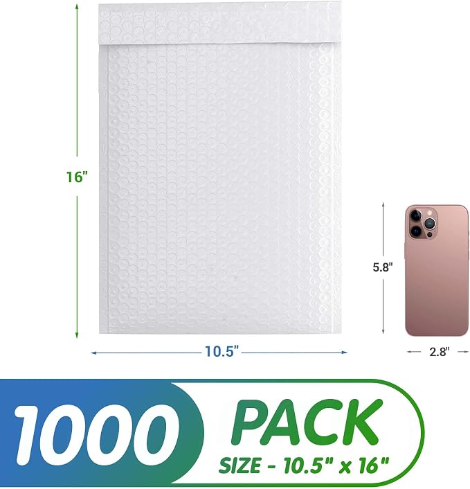Poly Bubble Mailers, 10.5 x 15 Inch White Padded Mailers, Self Seal Shipping Envelopes, Lightweight Poly Mailer Bags, Waterproof Mailing Bags, Pack of 1000