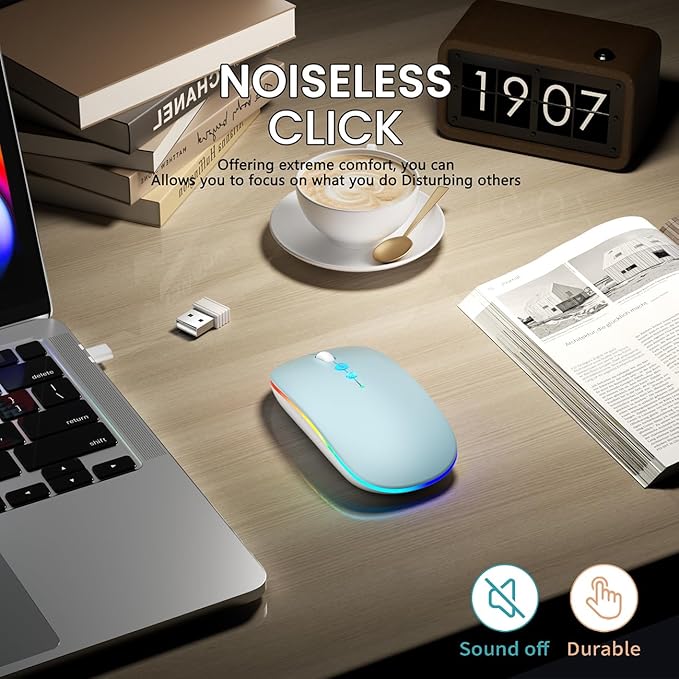 LED Wireless Mouse A100S Rechargeable Portable Silent Mouse with Optional USB and Type-C Receiver 3-Speed Adjustable DPI for PC/Mac/Laptop (Frosted Blue)