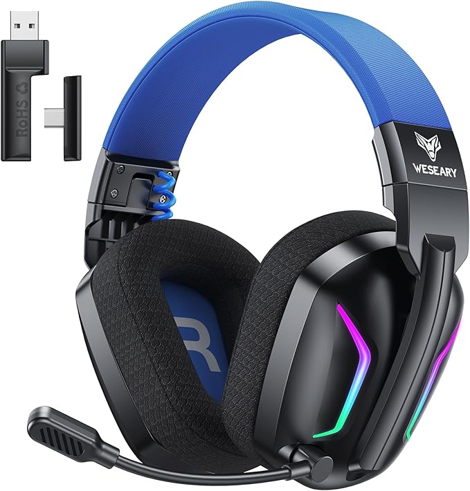 Wireless Gaming Headset for PS5, PS4, PC, Laptop, Mac & Switch, Dual Low-Latency 2.4GHz USB/Type-C, Bluetooth Gaming Headphones with ENC Mic for Gamecube Accessories,3D Stereo,Colorful Light