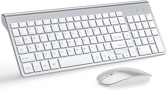Wireless Keyboard and Mouse Ultra Slim Combo, TopMate - Silver White | 2.4G Silent Compact 2400DPI Mouse and Scissor Switch Keyboard Set with Cover, Batteries Included, for PC/Laptop/Windows/Mac