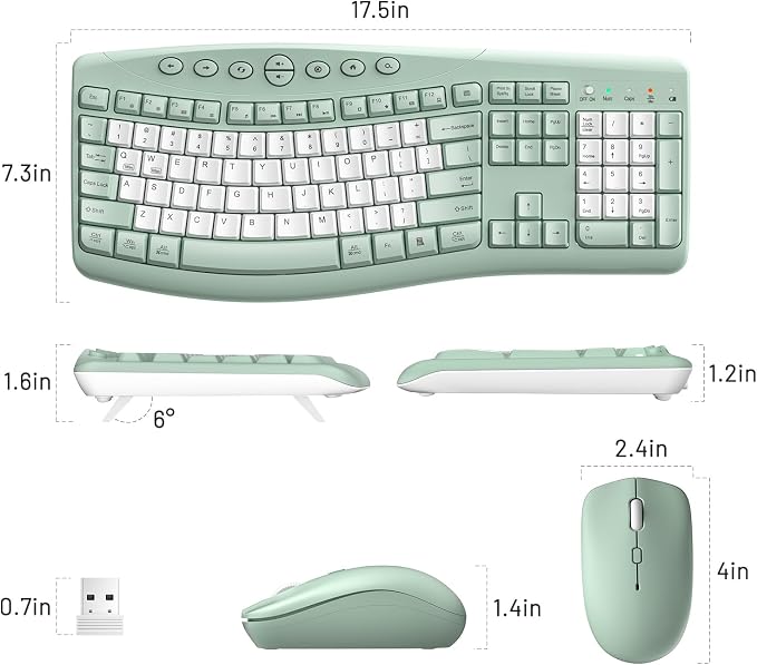 Wireless Keyboard and Mouse Combo Silent Ergonomic Curved Design for Office | 2.4G Full Size Cordless Keyboard with Tilt Legs,3-Level DPI Quite Mouse for Windows,Mac OS/Desktop/Laptop/PC