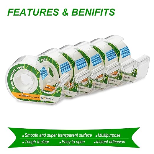 WOSWEL Tape Refills with Dispenser, 24 Roll Transparent Tapes, 3/4 Inch X 600 in, Gift Wrapping Tapes Supplier for Home School Office Use