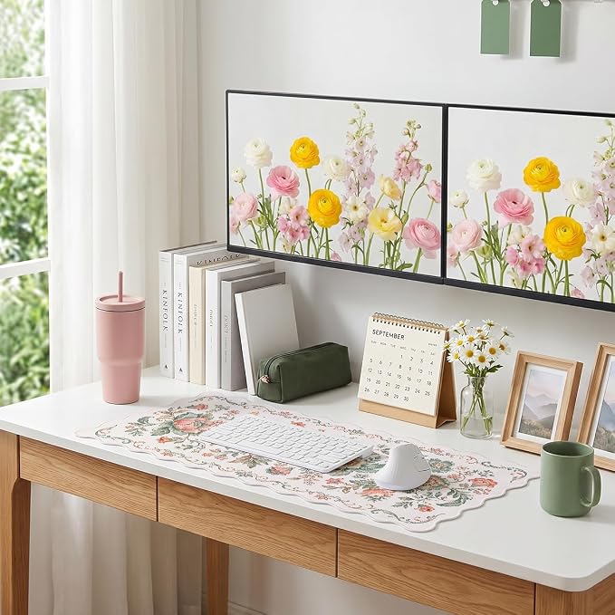 Vintage Floral Scalloped Desk Mat Sage Peach Botanical Scroll Flower Mousepad XL Large Gaming Mouse Pad Laptop Keyboard Mat Desk Pad Office Home Decor for Women Girl 31.5"x15.7"