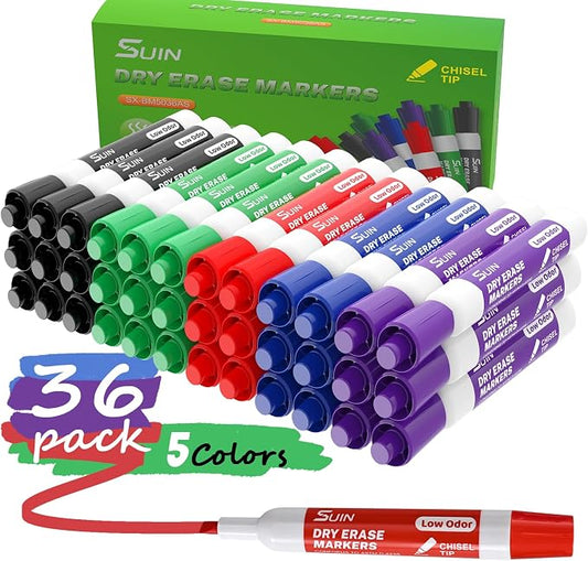 SUIN Dry Erase Markers, Chisel Tip Whiteboard Markers, Low Odor White Board Markers, Chisel Tip Marker, Whiteboard Marker, Assorted 5 Colors, 36 Count