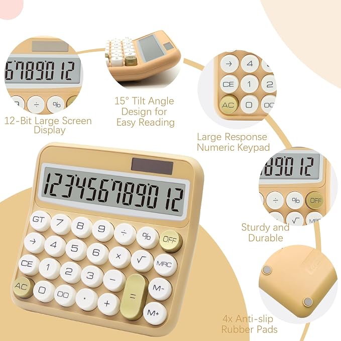White Gold Calculator, Big Button Calculator with Large LCD Display | White Gold Calculator for Desk , Solar Calculator Powered by two Modes, White and Gold Desk Accessories