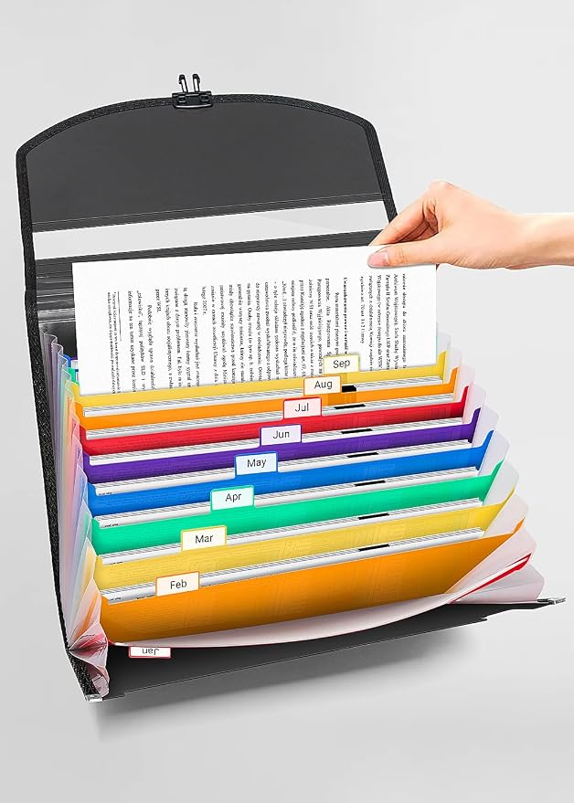 TOPCJ Accordion File Organizer,Expanding File Folder Portable Filing Folders,13 Pockets File Box with Handle for Documents,Special Design for Carrying,A4/Letter Size,Colored Tabs