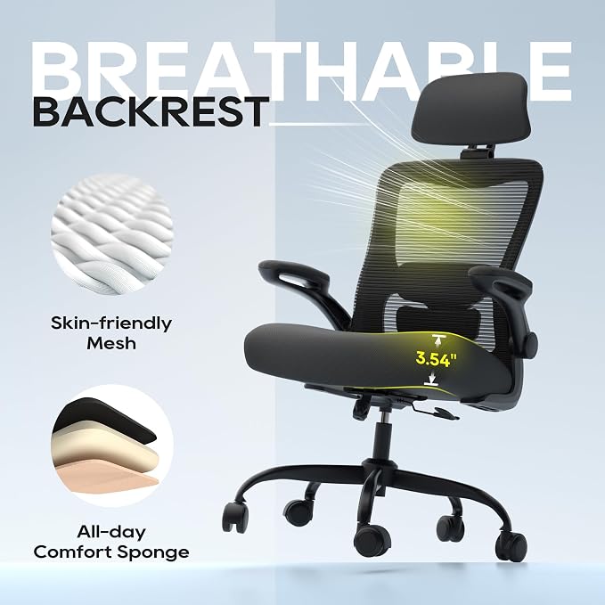 Ergonomic Office Chair for Long Hours, Adjustable Padded Lumbar Support for Lower Back Relief, 330 lb Capacity, Comfortable Computer Desk Chair for Home Office, Work & Study