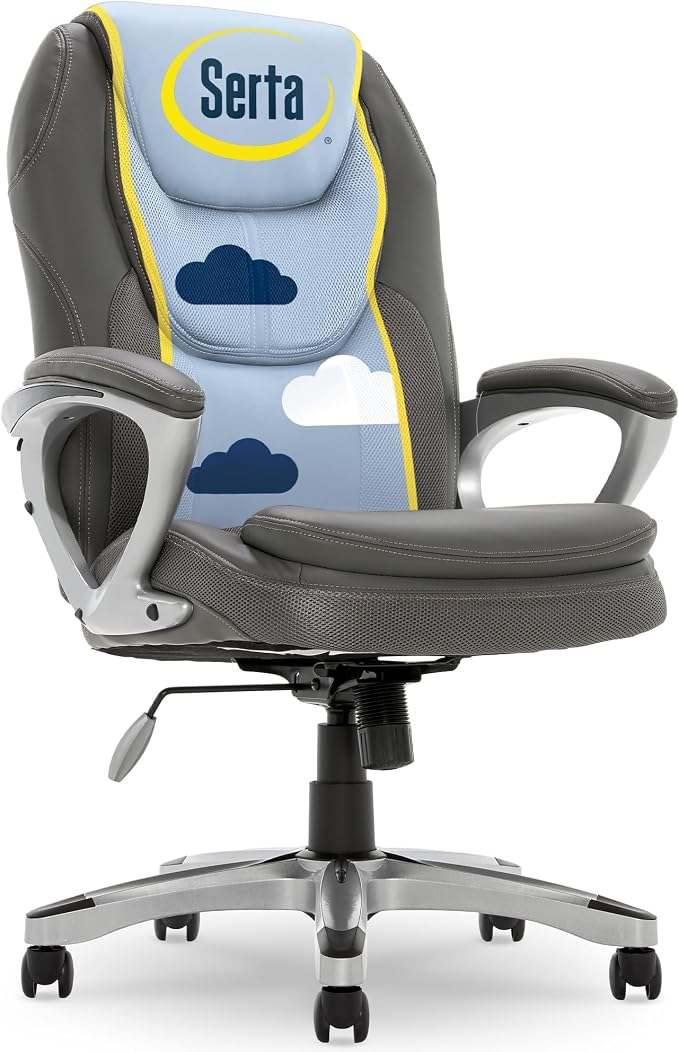 Serta Ergonomic Executive Office Chair, Padded Arms Mesh Back Leather Chair | Amplify, Contoured Lumbar Lower Back Support, Back Pain Relief, Adjustable Height & Tilt, Work From Home Desk Chair, Duo Gray
