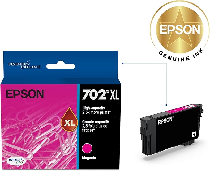 EPSON 702 DURABrite Ultra Ink High Capacity Magenta Cartridge (T702XL320-S) Works with WorkForce Pro WF-3720, 3730, 3733
