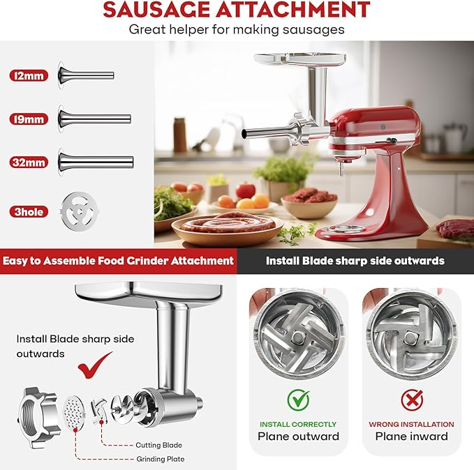 Meat Grinder & Stainless Steel Slicer Shredder Attachment for Kitchenaid Stand Mixer - Sausage Stuffer, Food Slicer, Shredder, Cheese Grater & Salad Maker by Cofun