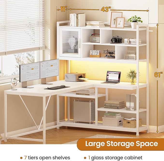 SEDETA L Shaped Computer Desk with Storage Shelves and Bookshelf, White | 58'' Reversible Office Desk with LED Light, Glass Door Cubby, L Shaped Corner Desk for Gaming, Two Monitors, Small Space