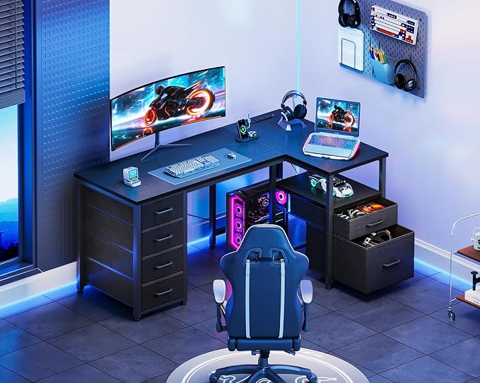 Coleshome 55 Inch L Shaped Office Desk with 6 Drawers, Power Outlet, Black | 5 Fabric Drawers, File Drawer, USB and Type-C Ports, Open Storage Shelf, Reversible Layout for Home Office