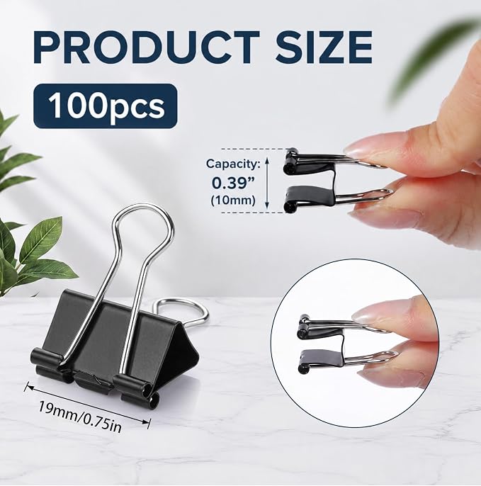 Jetec 100 Pcs Black 0.75 Inch Binder Clip Paper Clamp Metal Paper Clip | for Teachers Students Classroom Business Office and School Office Supplies