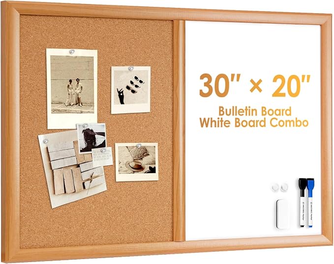 Cork Board White Board Combo with MDF Wood Frame | 30 x 20 Inch Bulletin Board, Magnetic Dry Erase Board & Corkboard for Wall, Vision Board for Home, Office, School