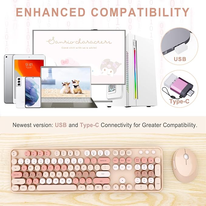 Wireless Keyboard and Mouse Combo, Ergonomic Full Size Typewriter Retro Round Keycaps Keyboard, Compatible with Windows, PC, Perfer for Home and Office Keyboards (Chocolate Color)