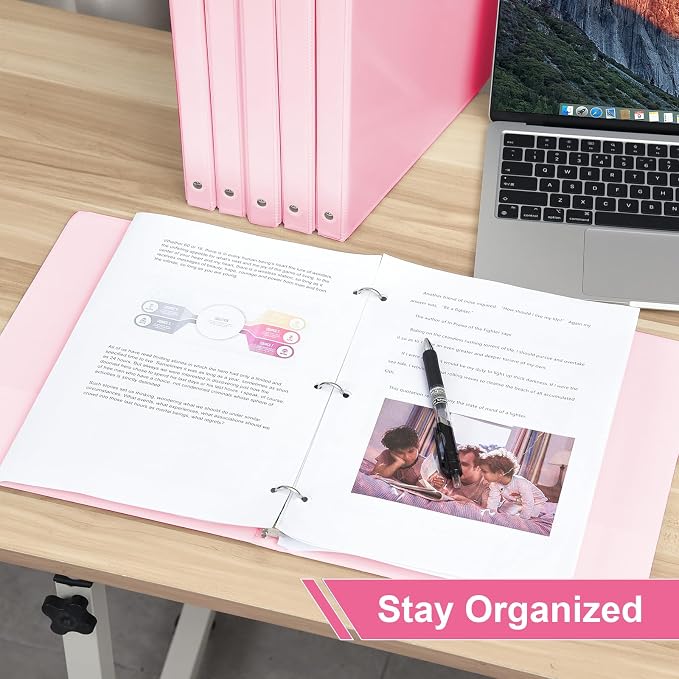 SUIN 1/2-Inch 3 Ring Binders with 2 Interior Pockets, Basic 0.5'' Binders Holds 100 Sheets Letter Size, Office School Home, 6 Pack