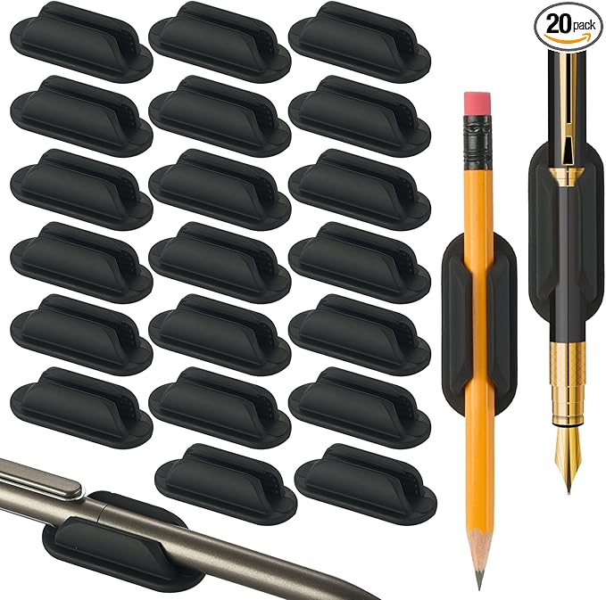20 PCS Adhesive Pencil Holders, Silicone Marker Organizer for Desk, Notebook, Wall or Clipboard, Reusable Teacher Supplies for Classroom, Office, School Accessories (Black)