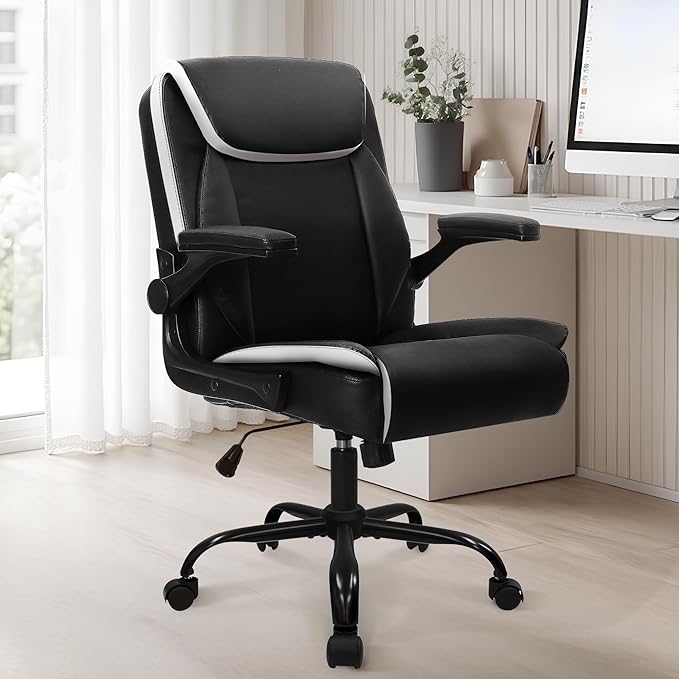 NEO Chair Office Desk Computer Chair Ergonomic Executive Mid-Back Leather Gaming Chair with Adjustable Flip-Up Armrests Wheels Swivel for Home Study Task (Black White)