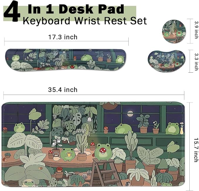 Cute Frog 4 in 1 Large Mouse Pad Set, Kawaii Extended Mouse Pad Set Desk Pad Easy Typing for Typing Office Game 35.4 x15.7 in - Kawaii Frog