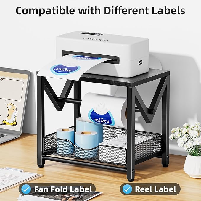 Marbrasse Label Holder for Rolls and Fanfold Labels, Wood Label Printer Holder with Drawer, Shipping Label Stand for Thermal Printer, Sticker Roll Holder for Home, Office, Small Business, Wood Black