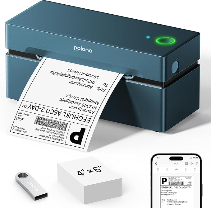 POLONO Bluetooth Thermal Shipping Label Printer, 4x6 Label Printer for Shipping | Good Quality, Faster Speed, High-Efficiency, Easy to Use, Wireless 4x6 Shipping Label Printer for Amazon, Etsy, USPS, Shopify