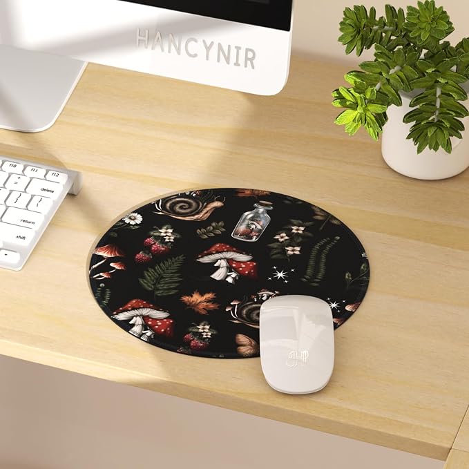 Hancynir Mushroom Round Mouse Pad, Small Mousepad for Laptop Desk Office | Mouse Mat for Computer, Non-Slip Rubber Base, Office Desk Decor, Gifts for Work Coworker Teacher, 8.6 Inch, Stitched Edges