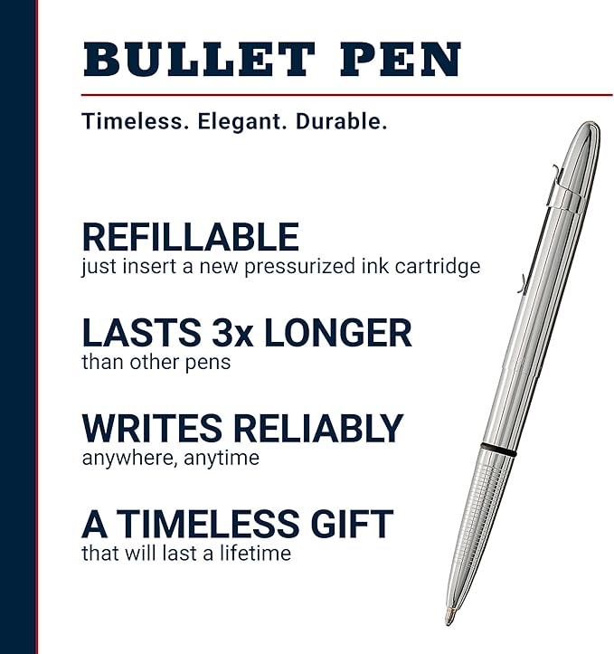 Fisher Space Pen Chrome Bullet Pen, Pressurized Ballpoint Pen, Compact Size, Writes Upside Down and in Extreme Temperatures, Smooth Black Ink, Medium Point, Pocket Clip, Gift Box, Made in USA