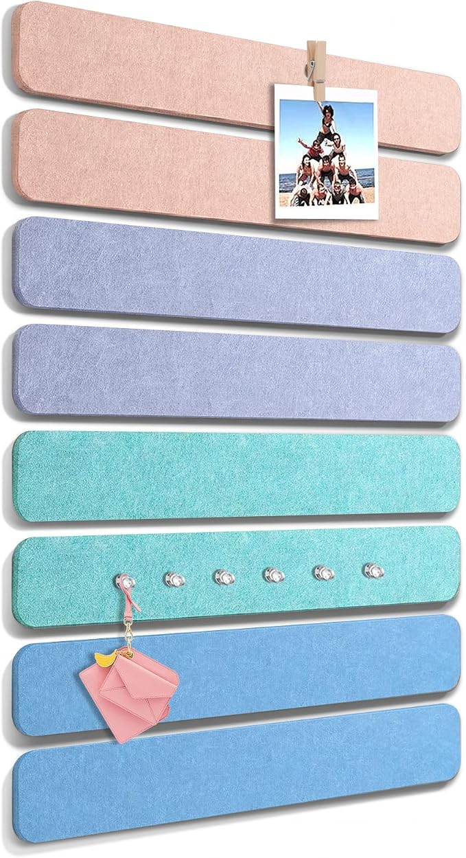 Thboxes 8 Pack Felt Bulletin Board Strips, 13x2 Inch Self Adhesive Felt Pin Boards with 50 Pushpins and 10 Wooden Clips Push Pins, Cork Board for Walls Home Office Decor(Soft Macaron)